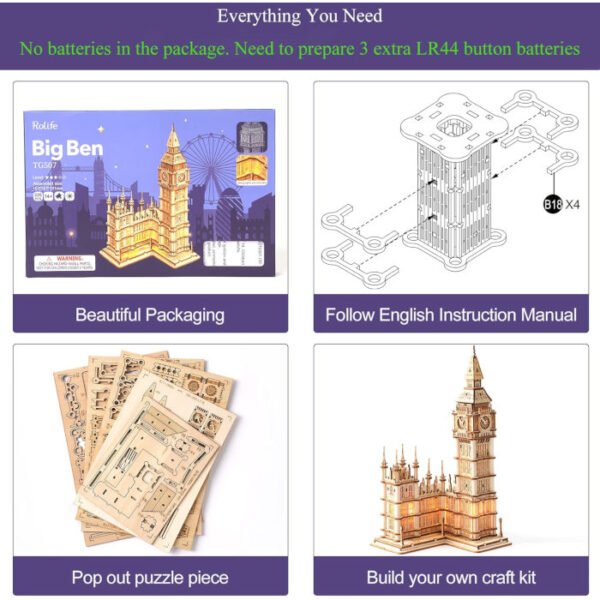 Big Ben maqueta ensamblaje madera ROLIFE 220 pcs - Imagen 4